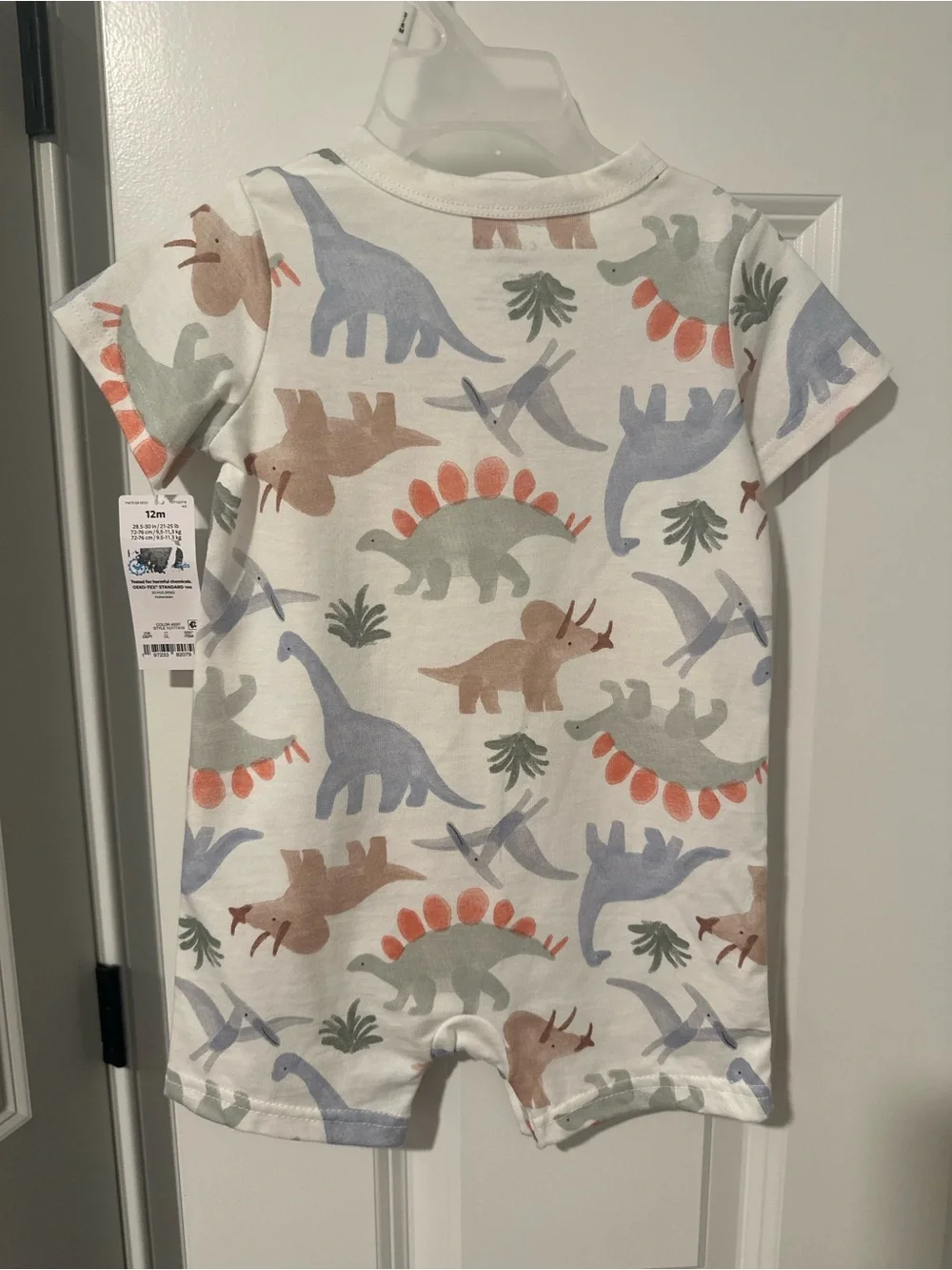 Carter's White Short-Sleeve Romper with Pastel Dino Print